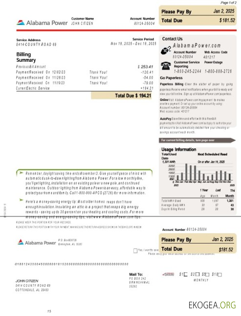 USA Alabama power utility bill